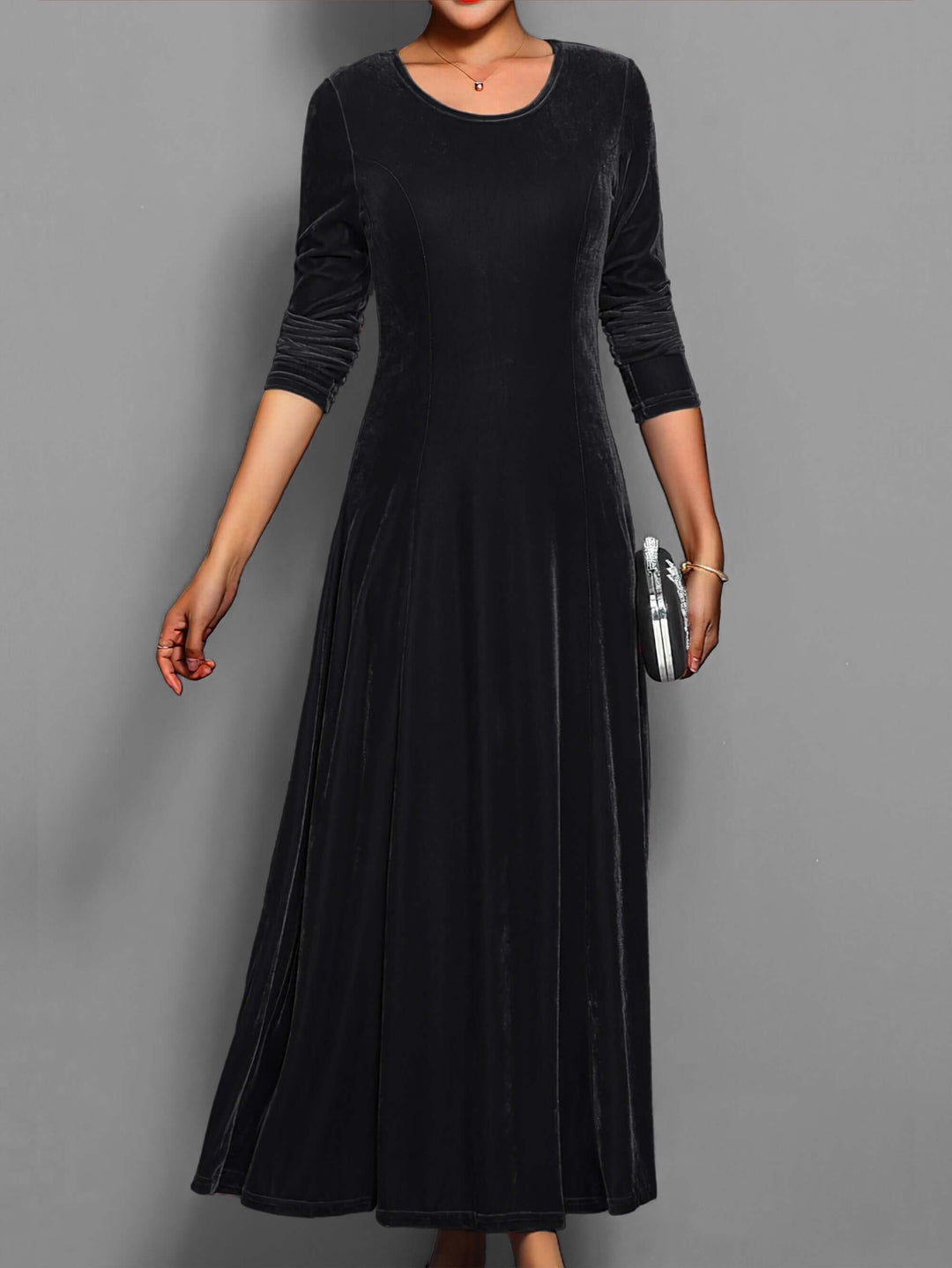 Women's formal velvet midi dress with long sleeves & crew neck. Perfect elegant party wear for special occasions.