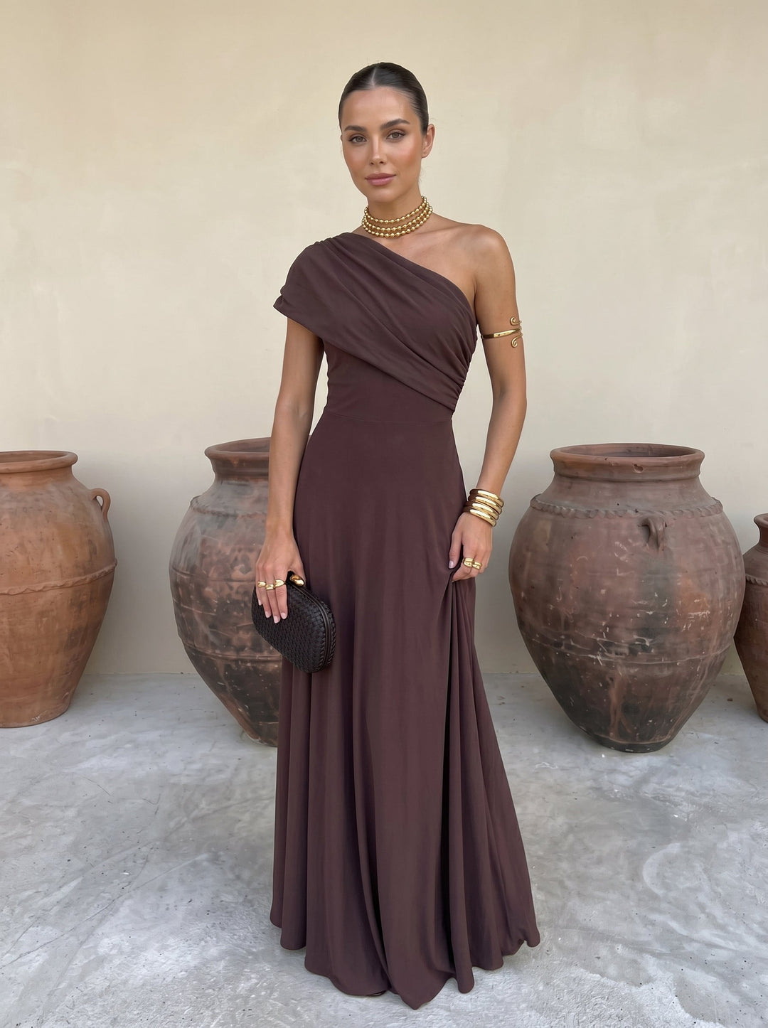 Elegant Women's Victoria off-shoulder pleated maxi dress, perfect for formal occasions & summer parties.
