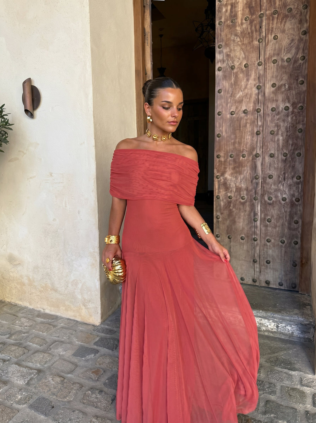 Terracotta Women's Victoria off-shoulder pleated maxi dress, elegant & flowing, ideal for summer occasions.