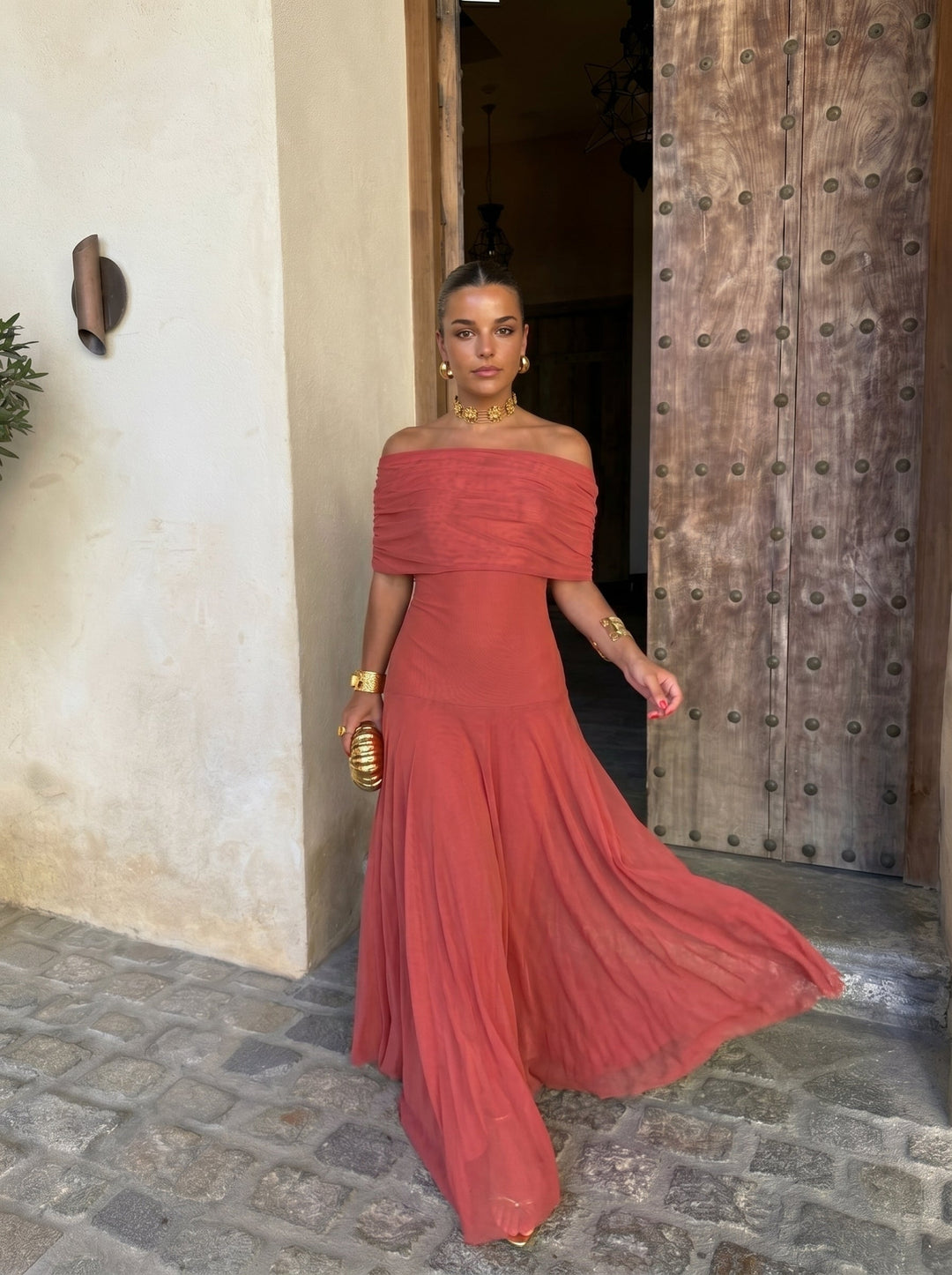 Army green Women's Victoria off-shoulder pleated maxi dress, comfortable & chic occasion wear.