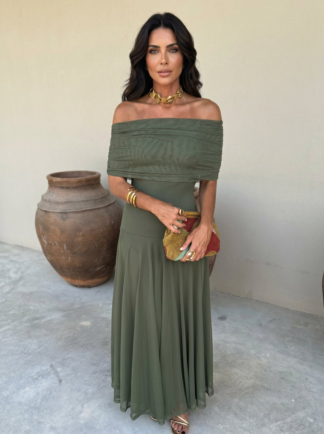 Chic off-shoulder Victoria maxi dress, pleated design for women, elegant formal & party occasion wear.