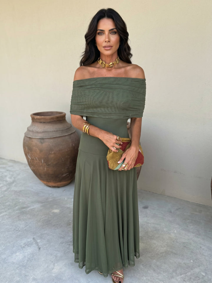 Chic off-shoulder Victoria maxi dress, pleated design for women, elegant formal & party occasion wear.