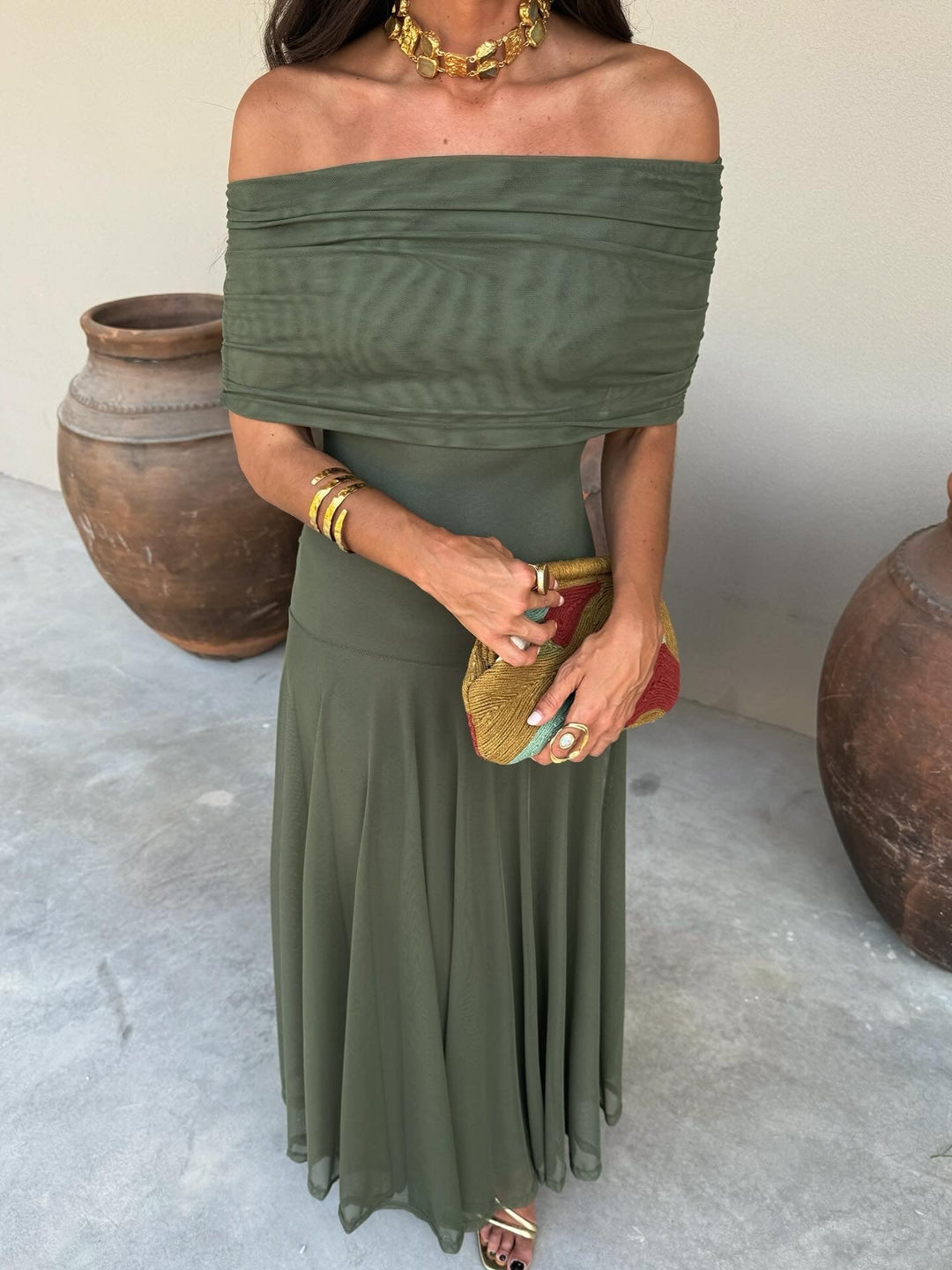 Comfortable Victoria off-shoulder pleated maxi dress, a flowing summer dress for elegant women's parties.