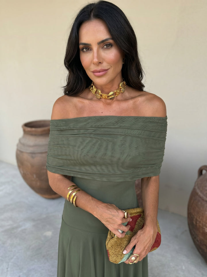 Brown Victoria off-shoulder pleated maxi dress, elegant women's formal party & special occasion wear.