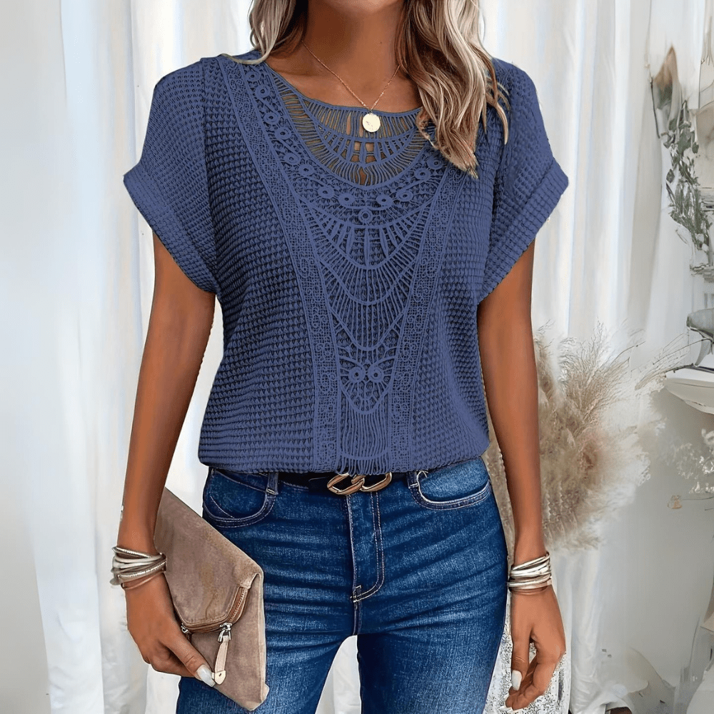 Women's vintage lace accent top, a chic summer shirt. Casual yet elegant fashion blouse for women.