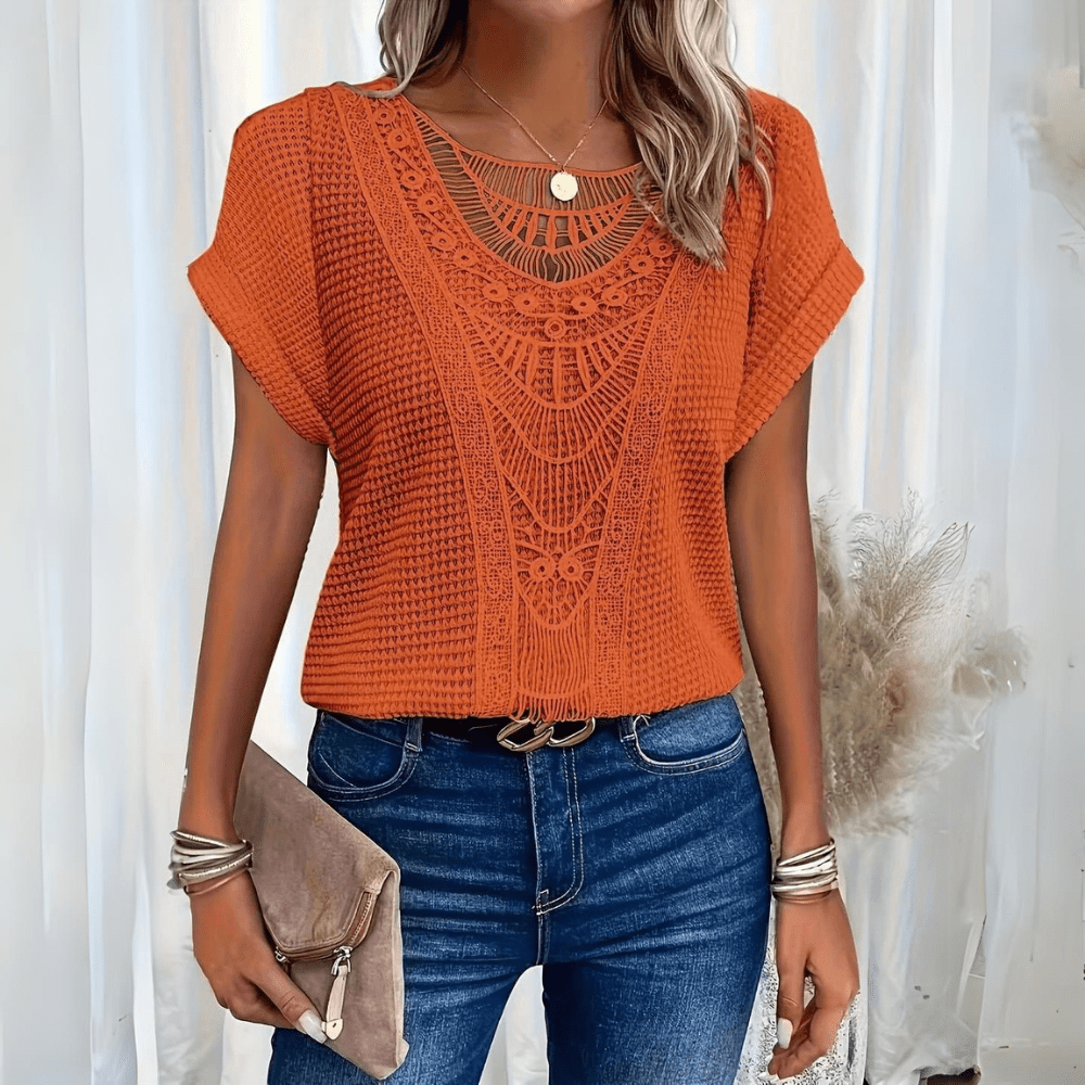 Light women's vintage lace summer top. Elegant and chic blouse with delicate lace accents for fashion.