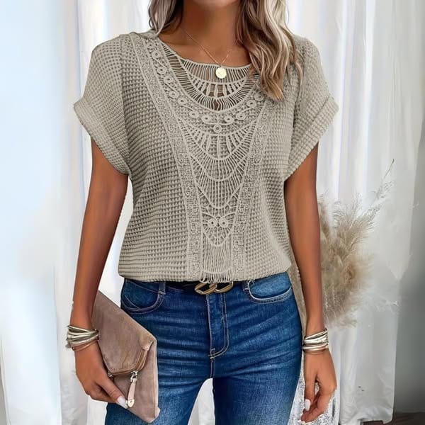 Stylish women's vintage lace top. A chic summer blouse, casual yet elegant for fashion-forward women.