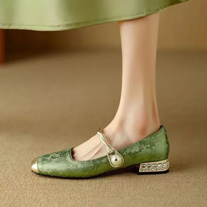 Full view of retro women's pearl strap Mary Jane heels, perfect for an elegant look.