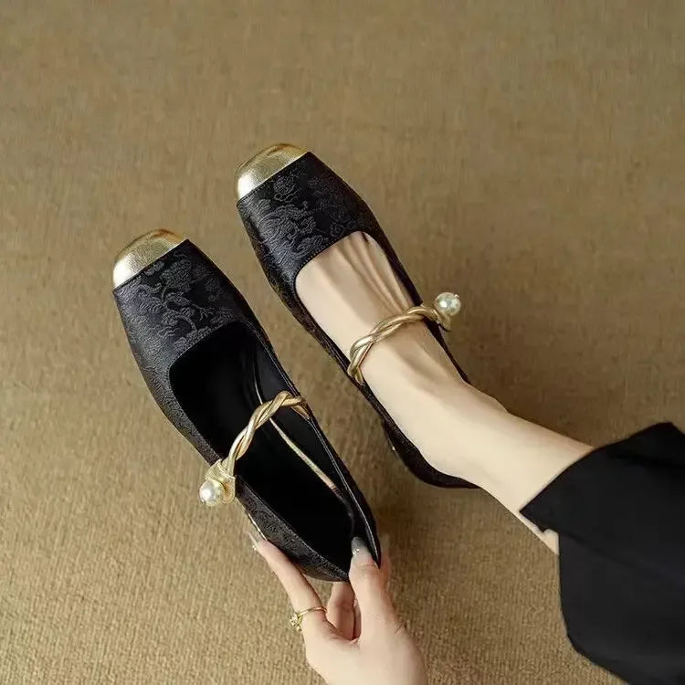 Comfortable women's retro Mary Jane shoes with a chic pearl strap and modest heel.