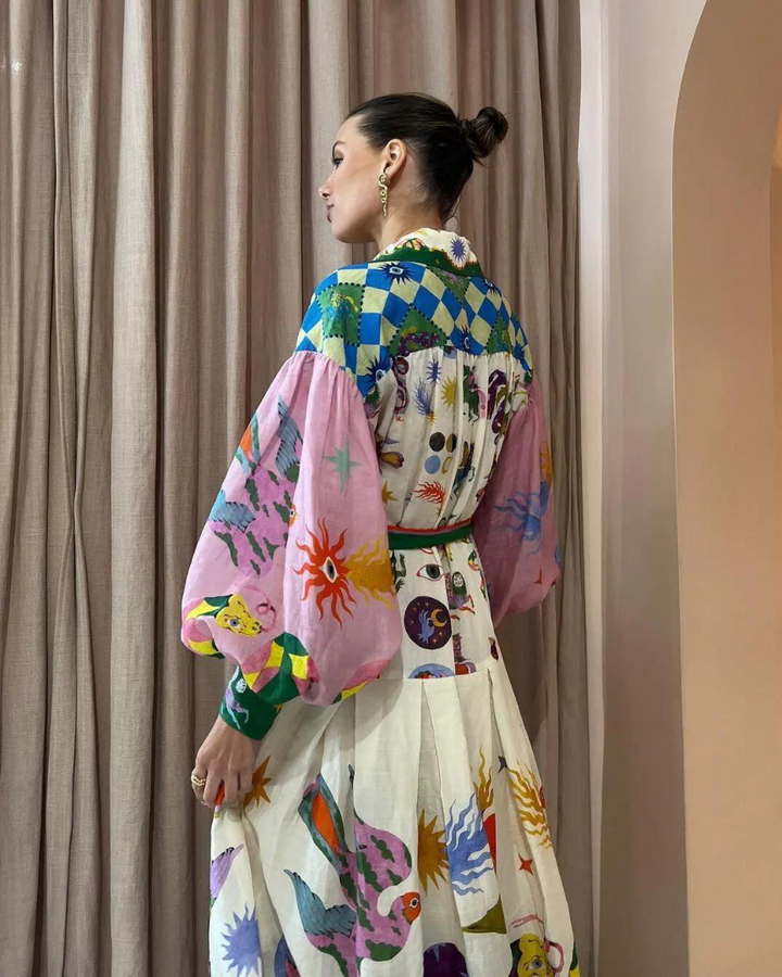 Casual chic vintage print maxi dress for women, with elegant polo collar, perfect for versatile occasions.