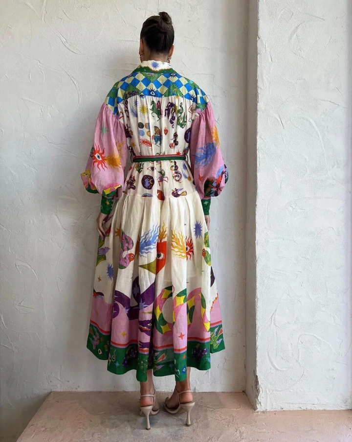 Women's flattering maxi dress featuring a unique vintage print and stylish polo collar, ideal for summer.