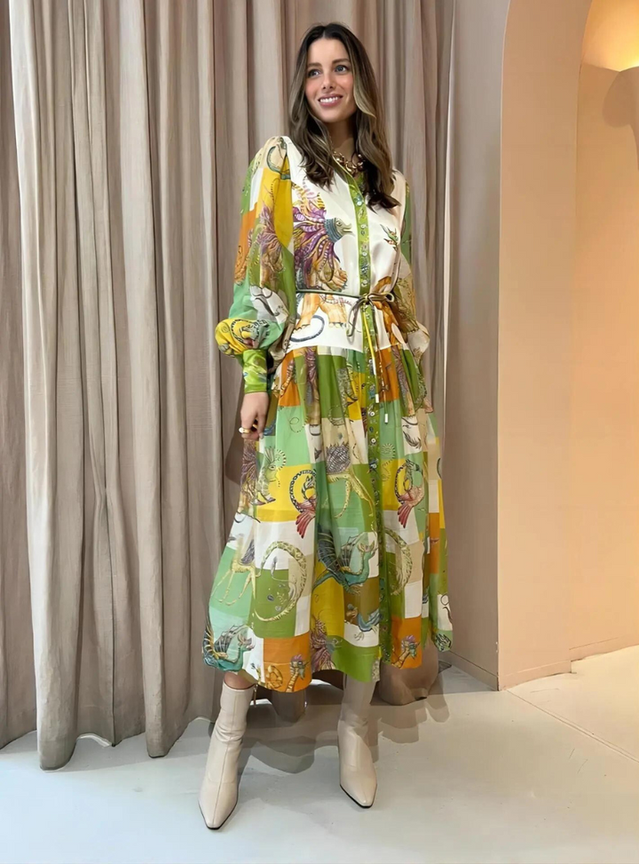Timeless women's elegant maxi dress, vintage print, polo collar. Perfect for spring & autumn fashion.