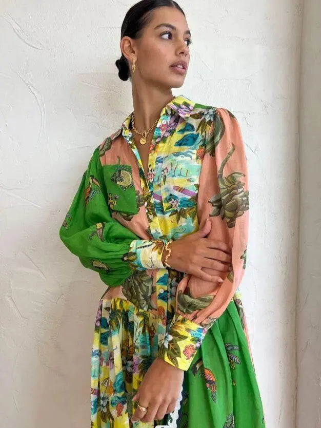 Long sleeve women's maxi dress with elegant vintage print and polo collar, a flattering fit for all seasons.