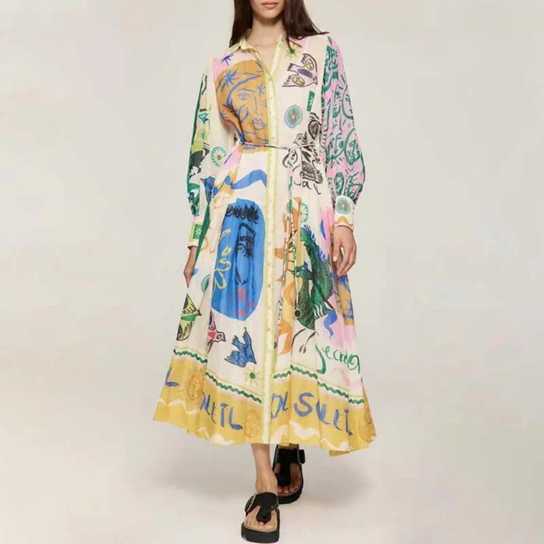 Elegant women's long sleeve maxi dress with a distinct vintage print and classic polo collar design.