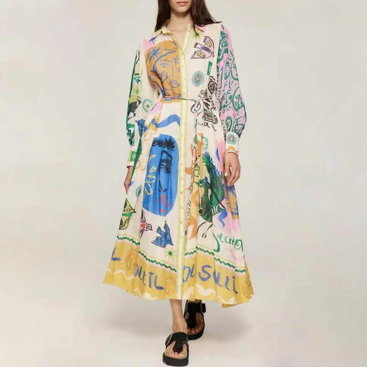 Elegant women's long sleeve maxi dress with a distinct vintage print and classic polo collar design.