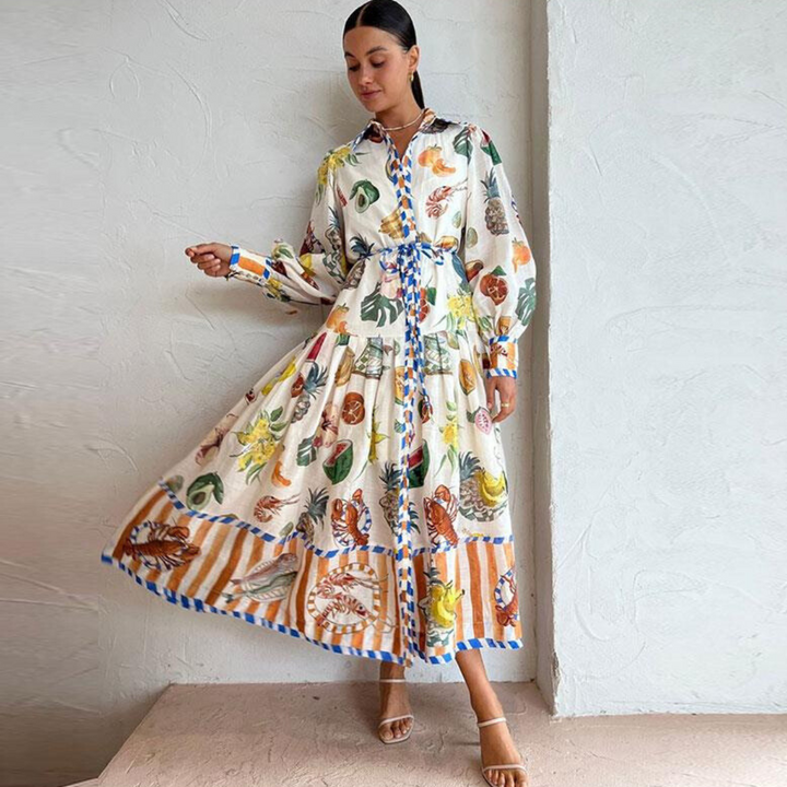 Fashionable women's vintage print maxi dress, polo collar, offering elegant style and comfort for daily wear.
