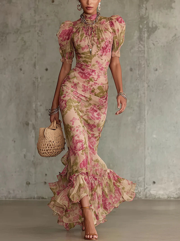 Elegant women's vintage rose print puff sleeve maxi dress. Romantic floral design, perfect for summer parties.