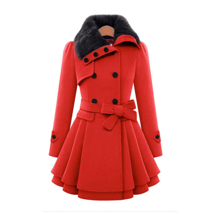 Luxurious women's autumn/winter trench coat with elegant faux fur trim on collar & cuffs, offering warmth & vintage flair.