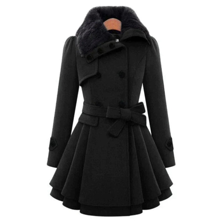 Fashionable women's vintage flair trench coat with soft faux fur trim, a belted waist, and elegant long silhouette for winter.
