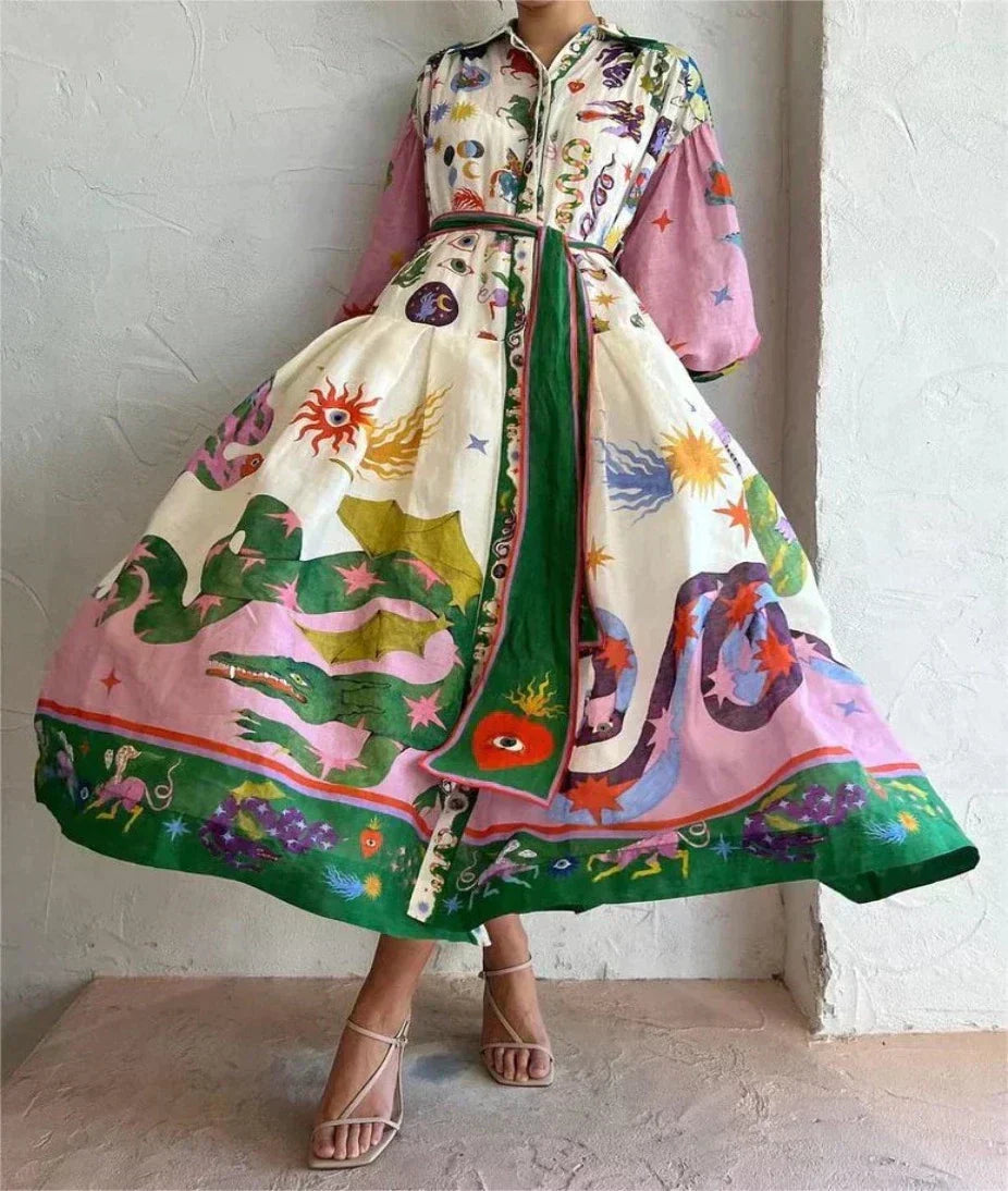 Stylish women's long maxi dress, vibrant pattern, volume silhouette. Perfect elegant spring/summer fashion.