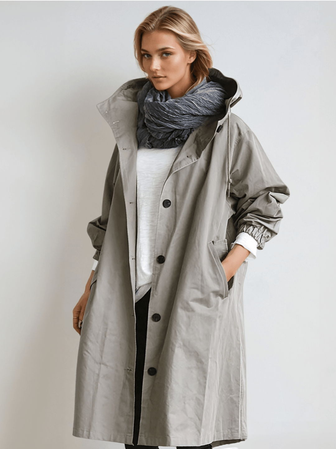 Elegant women's water-repellent trench coat, perfect for transitional weather and versatile styling.