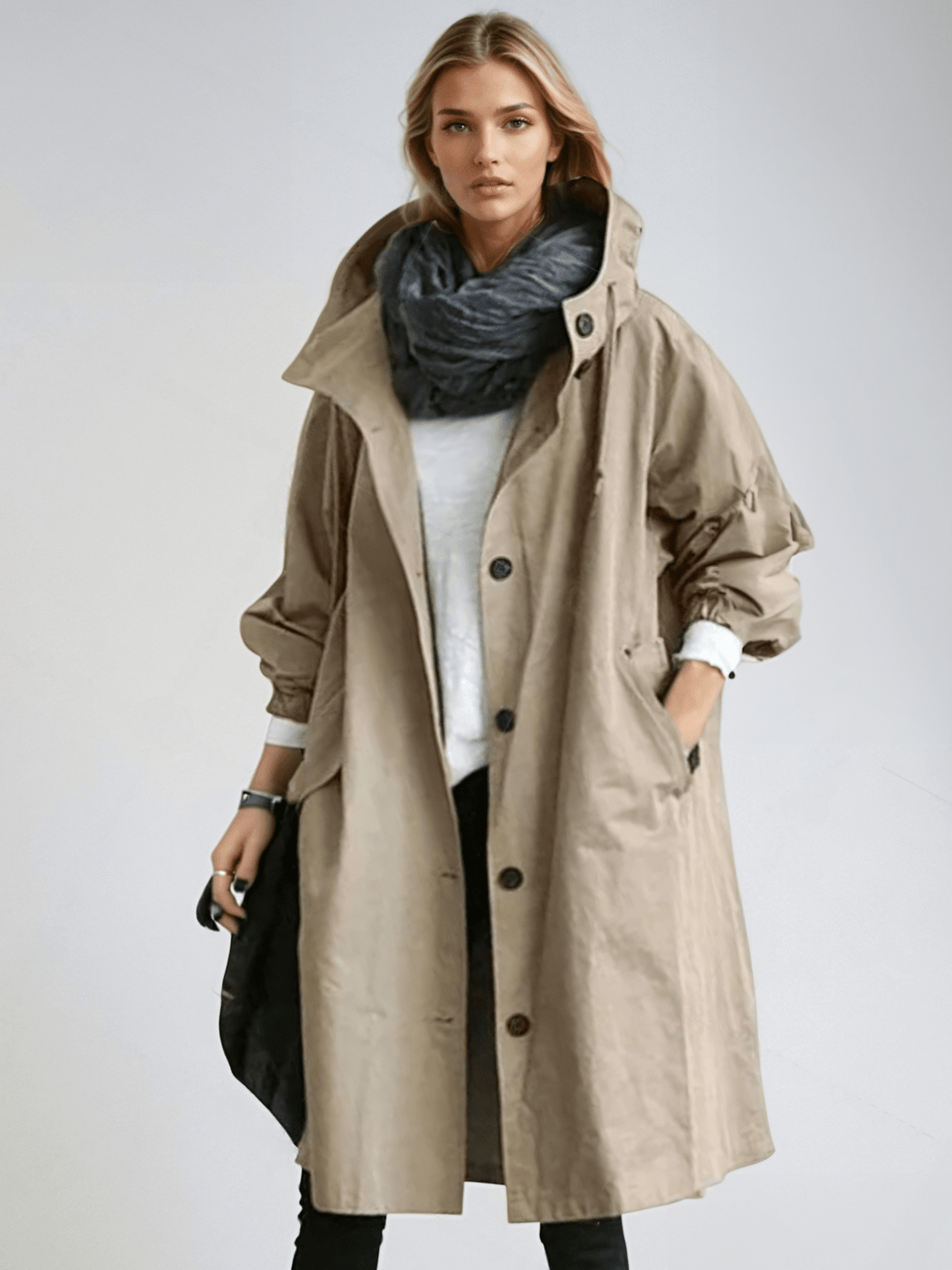 Versatile women's long trench coat, an elegant outerwear piece for everyday wear or sophisticated events.