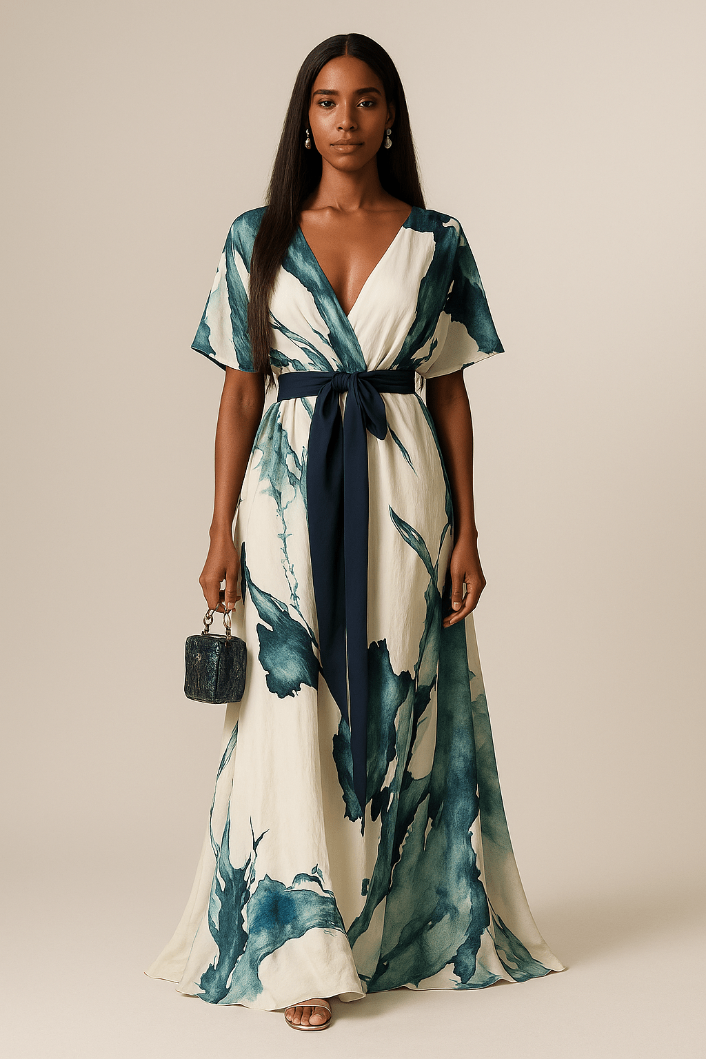 Elegant women's watercolor print flowy maxi dress with V-neck & tie waist, perfect for summer occasions.