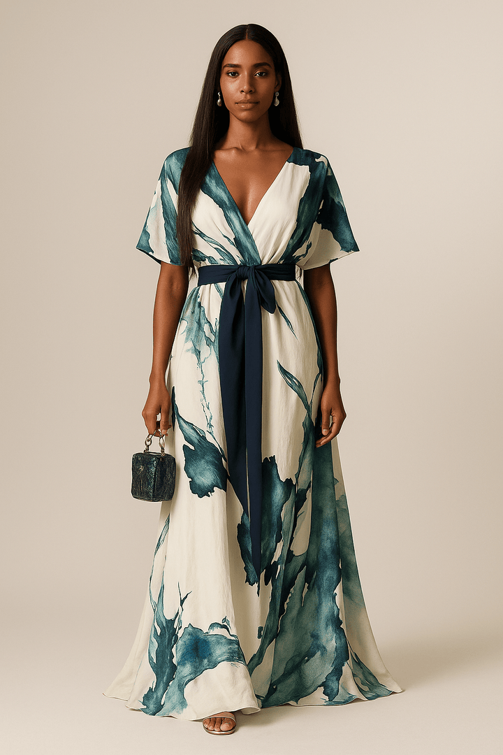Elegant women's watercolor print flowy maxi dress with V-neck & tie waist, perfect for summer occasions.