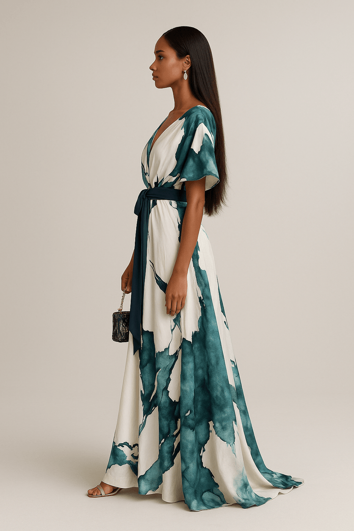Close-up of a women's elegant watercolor print flowy maxi dress, showcasing vibrant artistic fabric design.