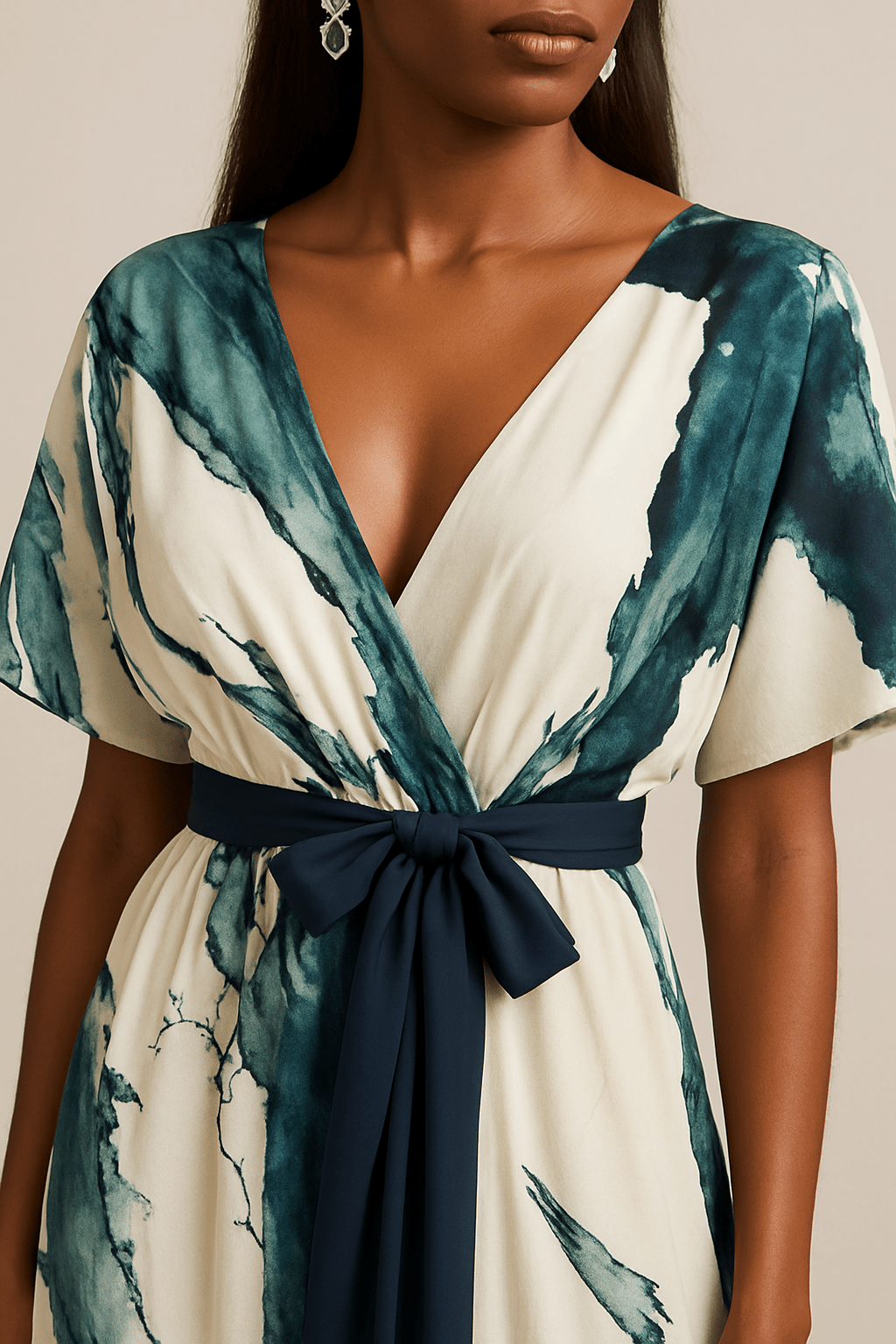 Women's elegant long maxi dress with a beautiful watercolor print, flowy silhouette, and stylish tie waist.