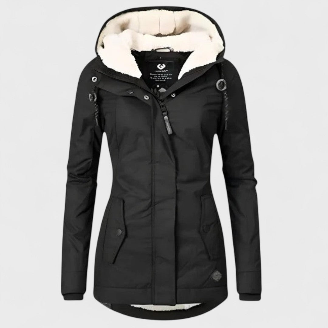 Fashionable women's long hooded winter coat, waterproof and warm. Ideal for everyday style & cold weather.