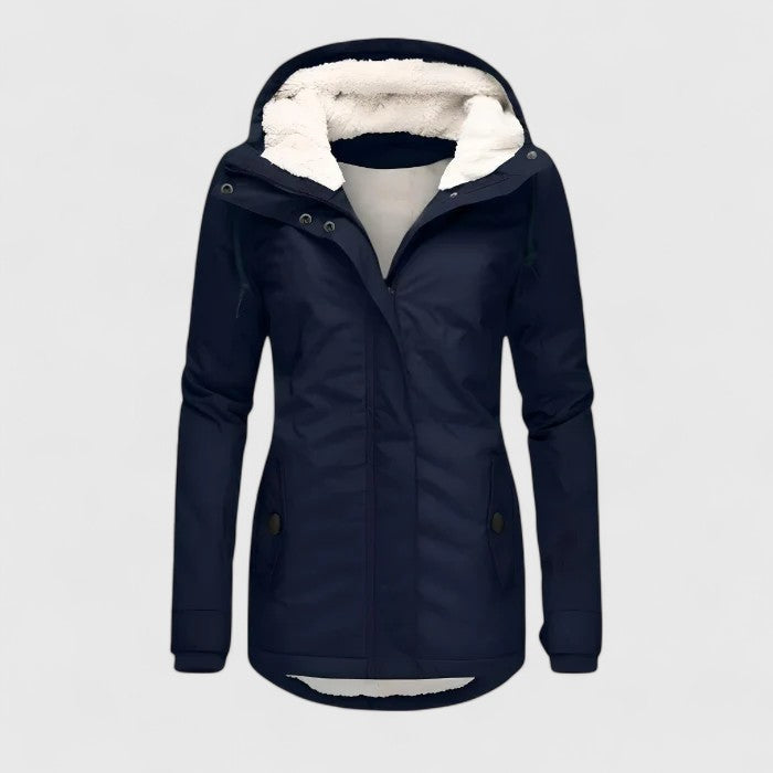 Elegant women's waterproof jacket, perfect for all-weather style. Sophisticated design, practical outerwear.