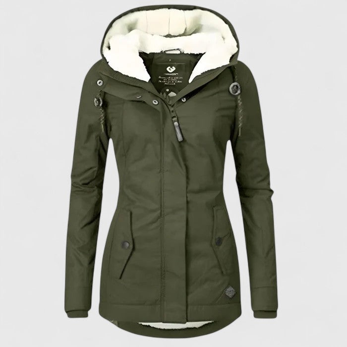 Women's sophisticated waterproof coat. Stylish hooded jacket, elegant design for practical all-weather outdoor fashion.
