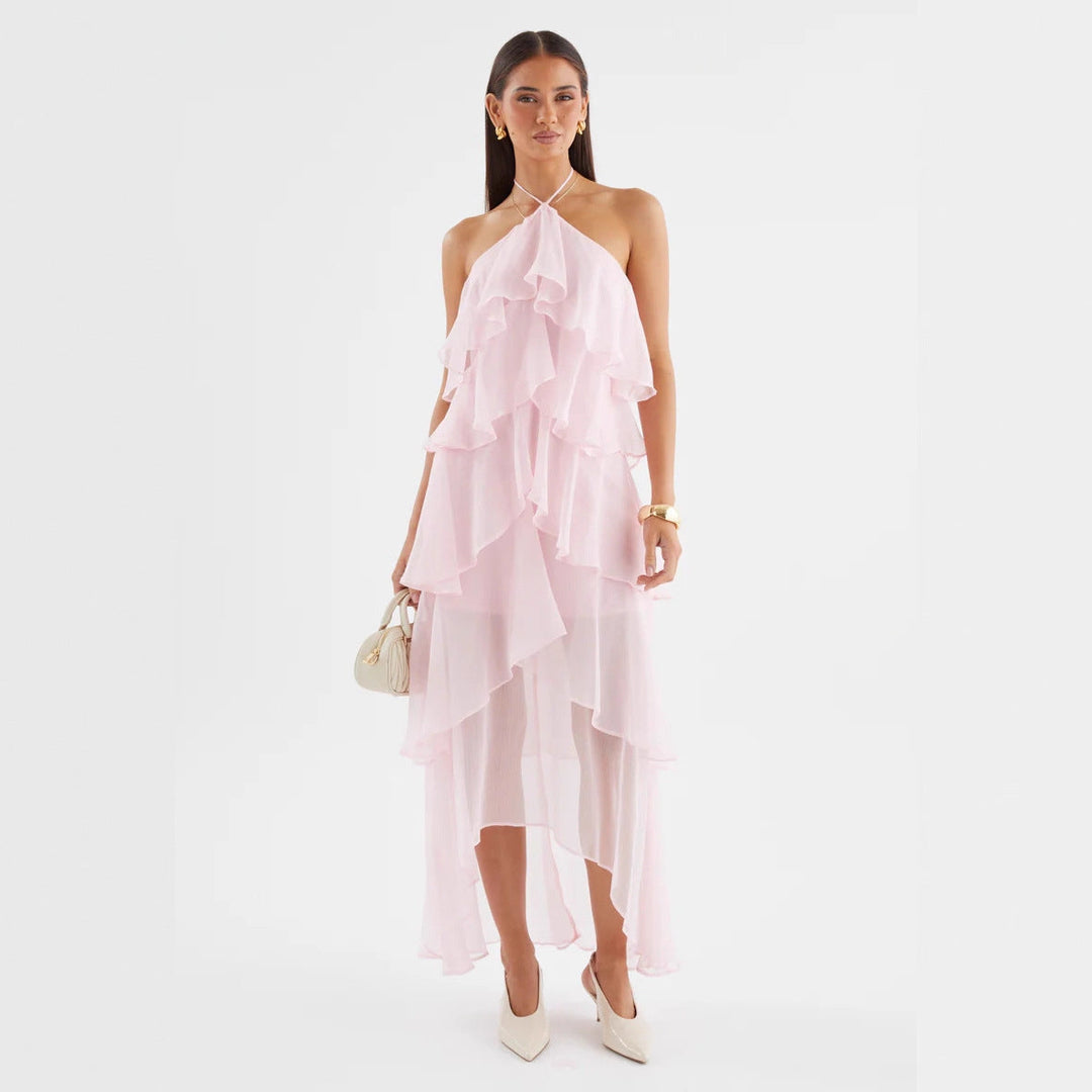 Elegant women's wedding guest halterneck maxi dress with tiered ruffles, perfect for formal summer events.
