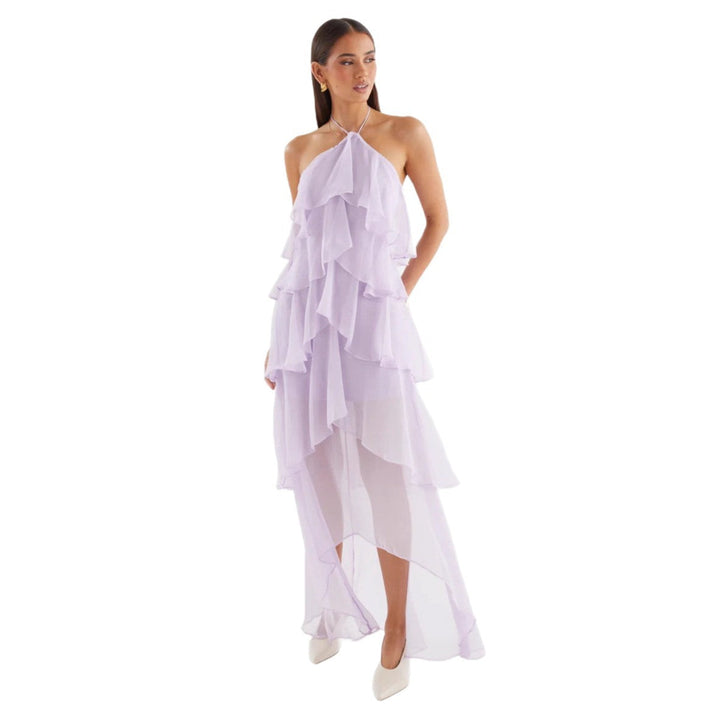 Beautiful women's wedding guest dress, a long elegant halterneck with cascading ruffles, perfect for special occasions.