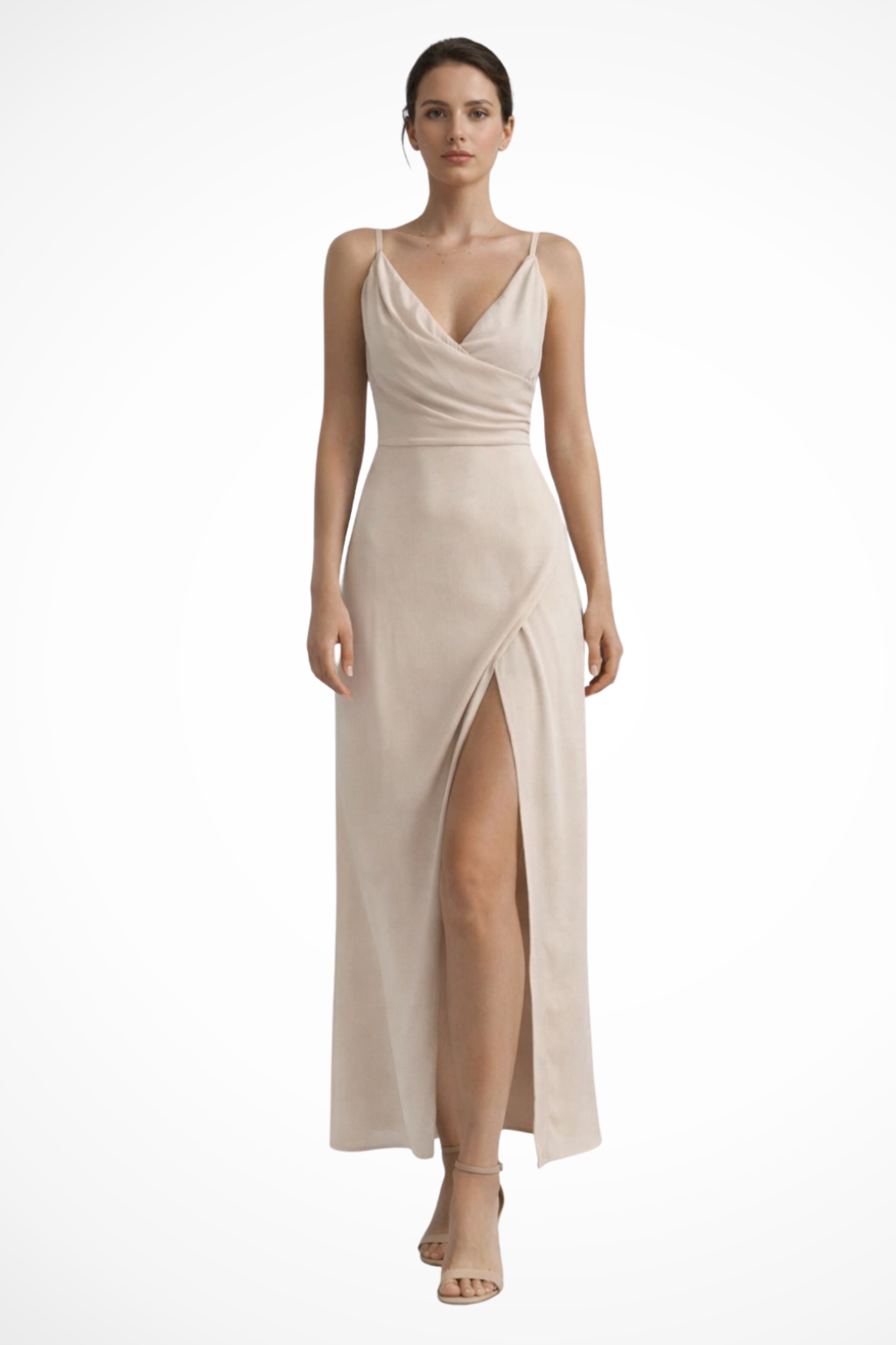 Chic women's formal maxi dress featuring a draped cowl neck bodice and stylish high slit, ideal for special occasions.