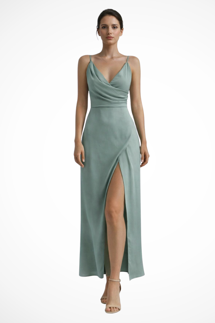 Stunning women's elegant evening gown, a draped maxi dress with a flattering silhouette and a sophisticated leg slit.