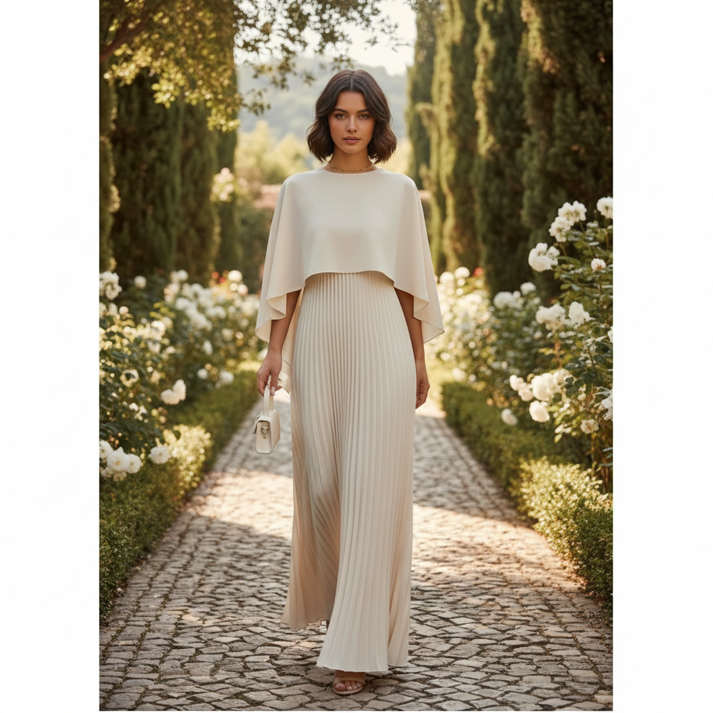 Formal navy blue maxi dress perfect for wedding guests, featuring a graceful pleated skirt.