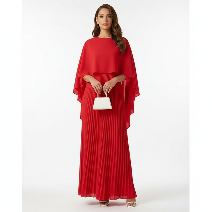 Sophisticated party dress for special occasions, showcasing a long pleated skirt design.