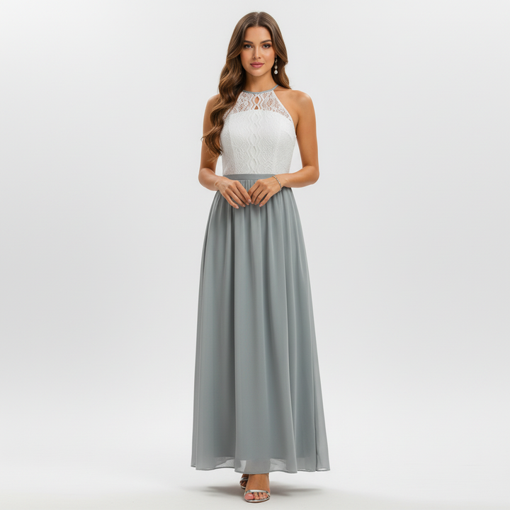 Elegant women's wedding guest maxi dress with sophisticated pleating