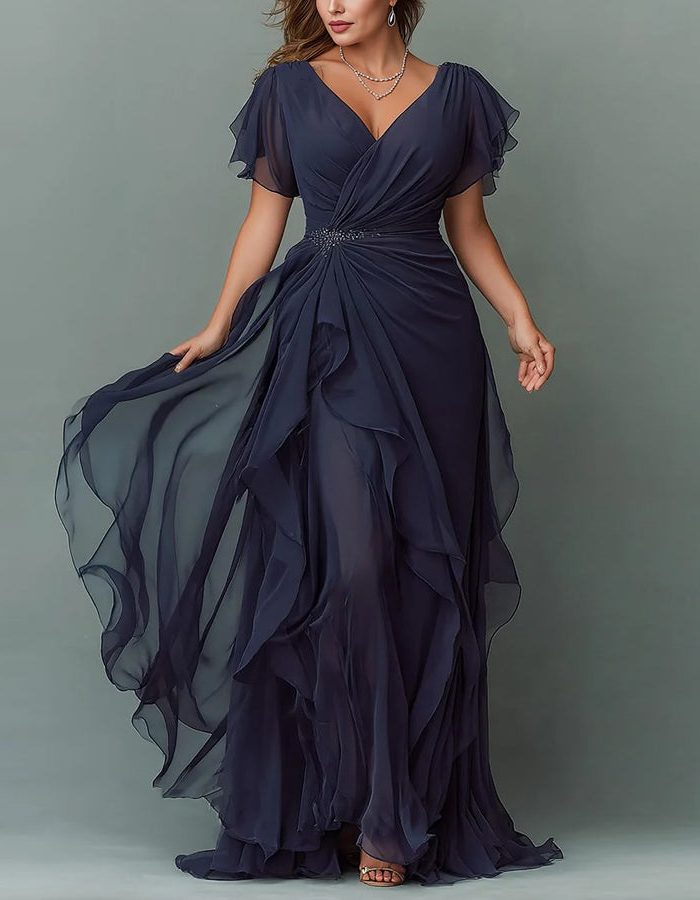 Elegant women's wedding guest maxi dress with V-neck & tiered ruffles. Perfect for special occasions.