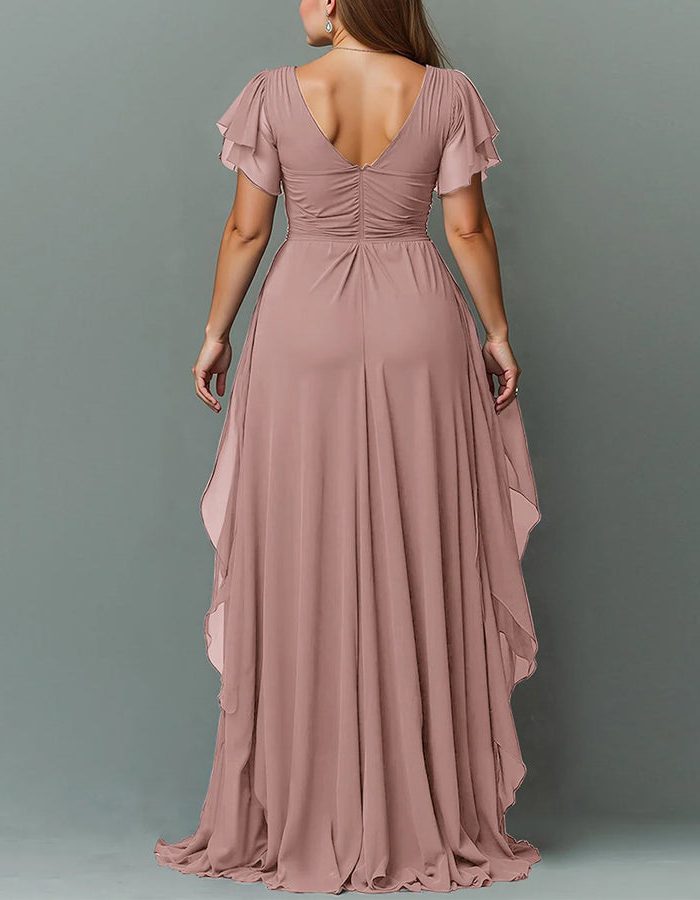 Beautiful women's wedding guest maxi dress. V-neck, tiered ruffles, ideal for formal occasions.