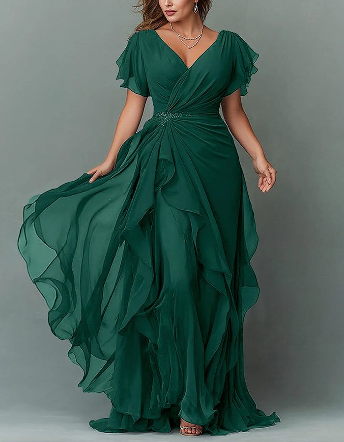 Formal evening gown for women: V-neck tiered ruffle maxi dress, perfect for wedding guests.