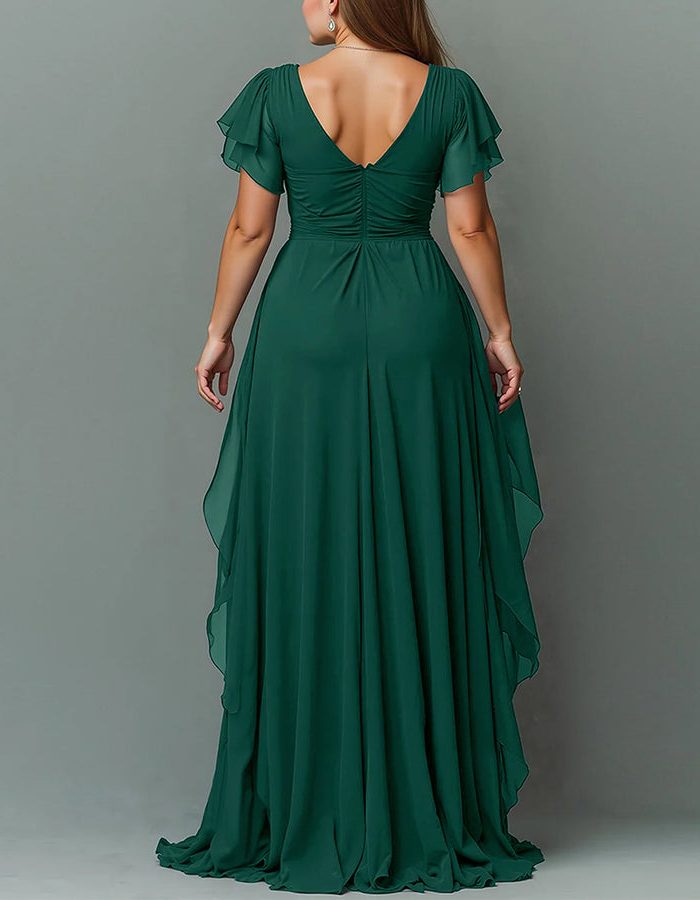 Women's elegant V-neck tiered ruffle maxi dress, a perfect long dress for wedding guests.