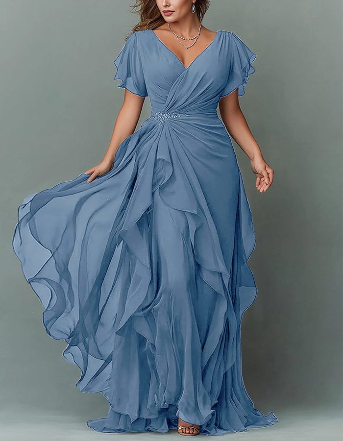 Chic women's wedding guest formal maxi dress with V-neck and delicate tiered ruffles.