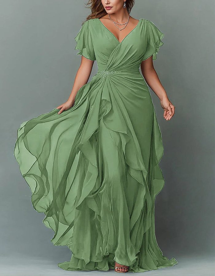 Women's special occasion V-neck maxi dress with tiered ruffles. Elegant wedding guest attire.