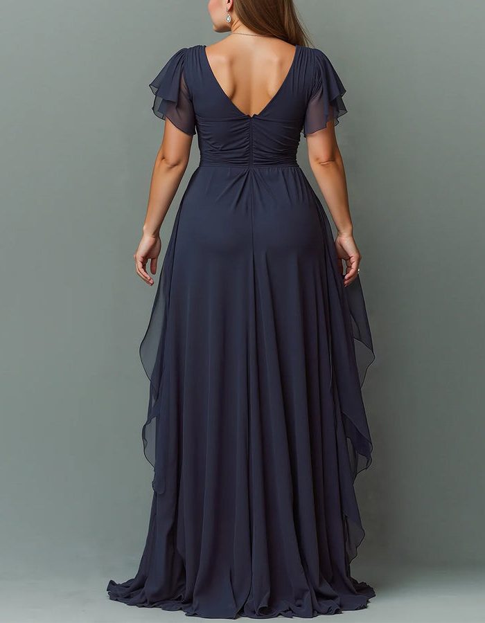 Long V-neck tiered ruffle maxi dress for women, ideal as a formal wedding guest gown.