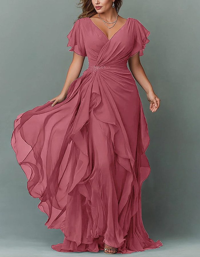 Women's elegant maxi dress, V-neck, tiered ruffles. Stunning for a wedding guest or evening event.