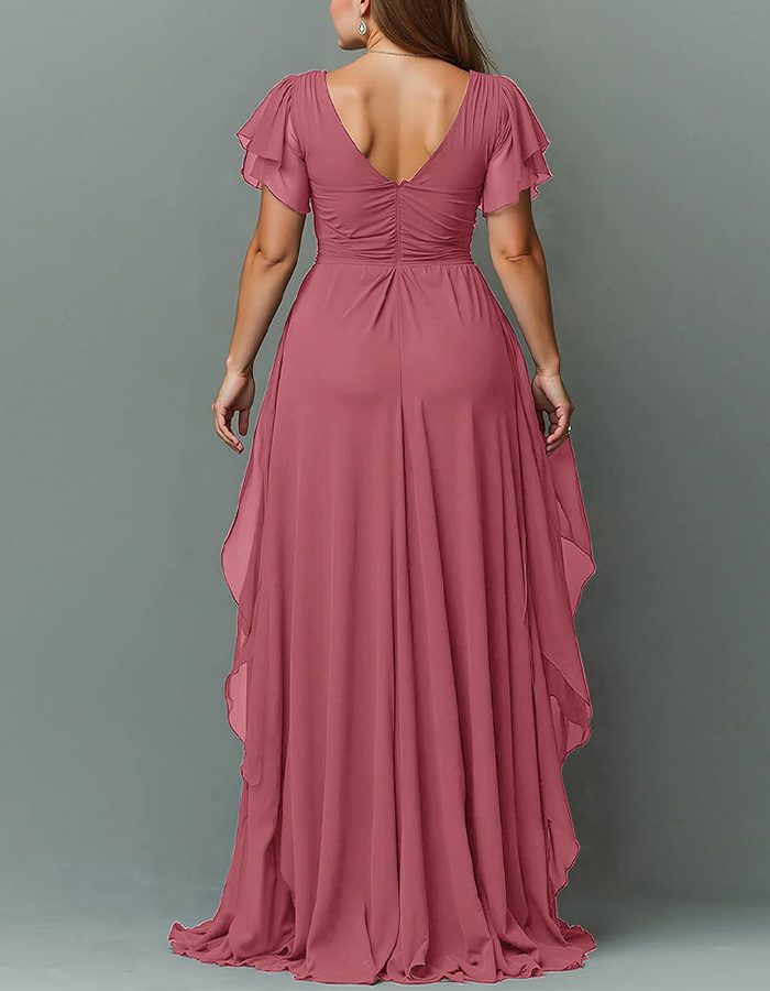 Formal women's V-neck maxi dress with tiered ruffles. Perfect for wedding guests & special occasions.