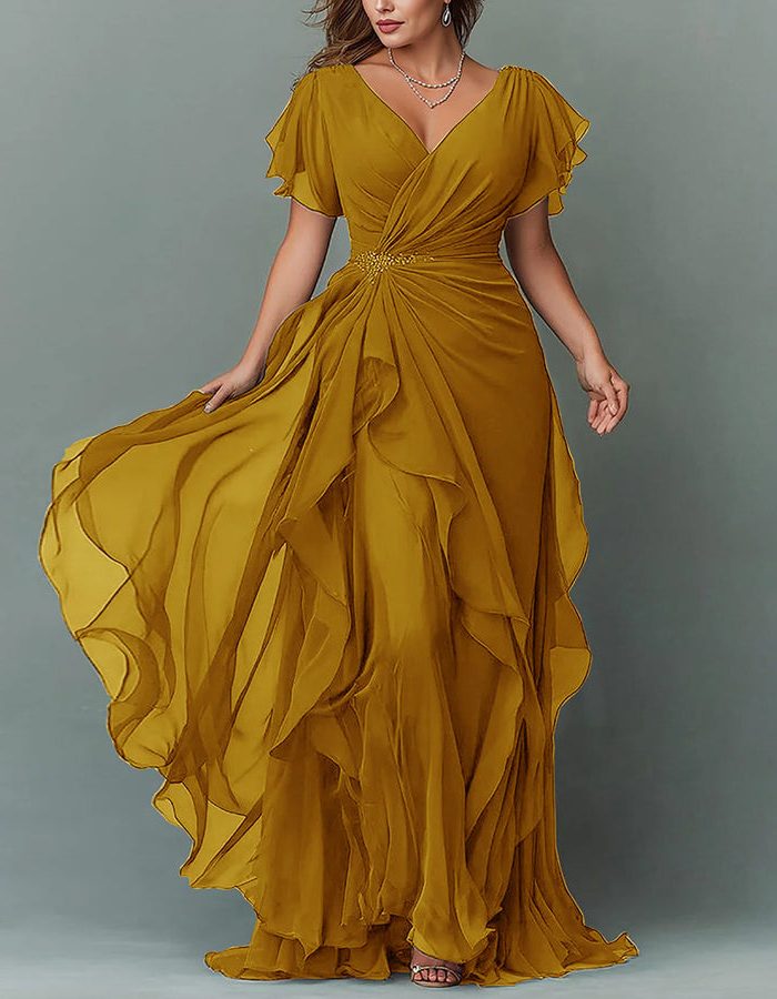 Stylish wedding guest V-neck maxi dress for women, featuring elegant tiered ruffles.